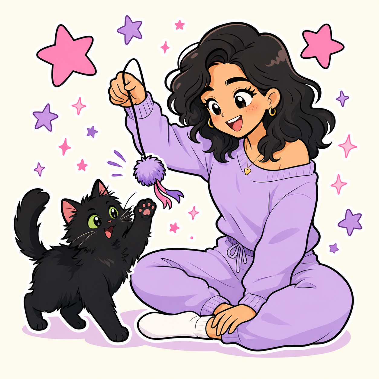 Illustration of Rebecca playing with her black cat