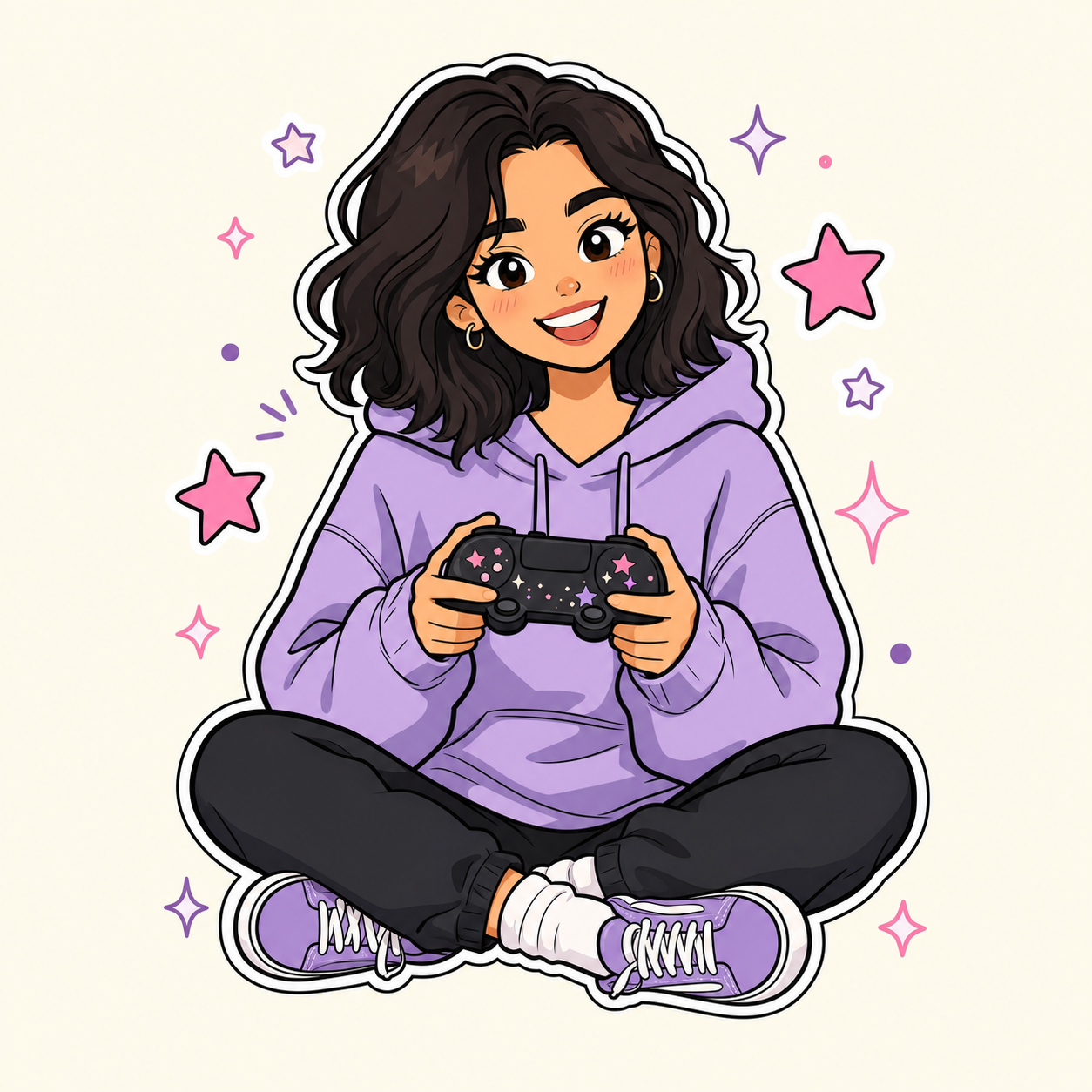 Illustration of Rebecca gaming in a cozy purple-lit setup